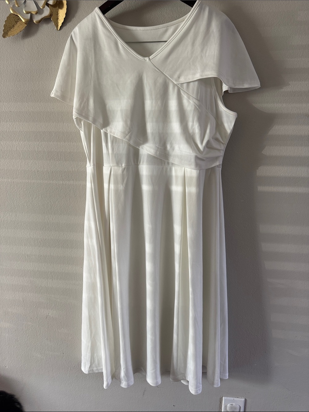 White Women’s V-Neck Layered Midi Dress — Classic Draped Style